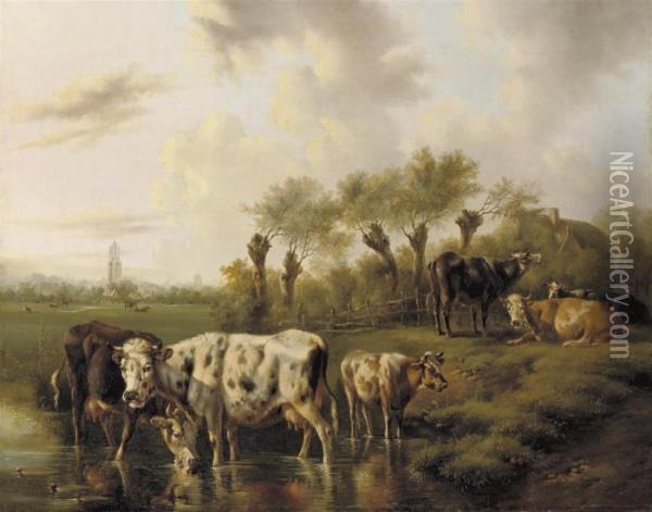 Cattle In A Meadow With The City Of Utrecht In The Distance Oil Painting - Albertus Verhoesen