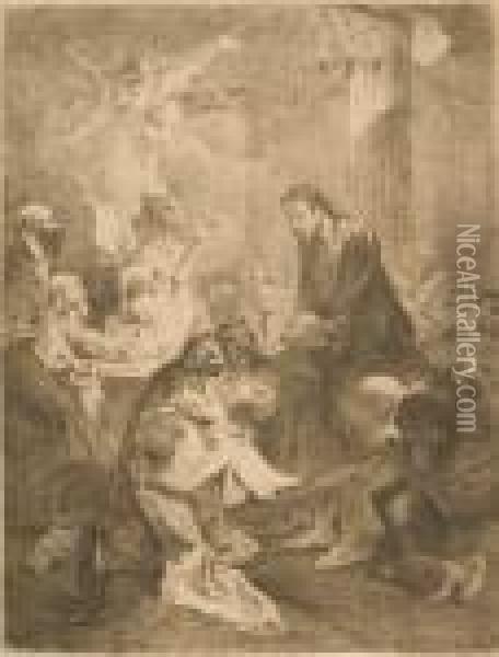 Jesus Reicht Den Glaubigen Das Abendmahl, Rechts Der Hl. Petrus. Oil Painting - Franz Anton Maulbertsch