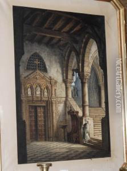 Lovati Interno Di Chiesa Con 
Monaciacquarello Su Carta, Cm 6x45, In Bella Cornice Dorata Avassoio Oil Painting - August Lovatti