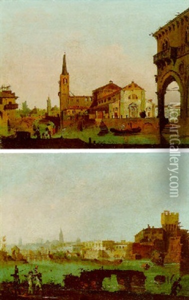 Cappricio Of A Town In The Veneto Oil Painting - Giuseppe Bernardino Bison