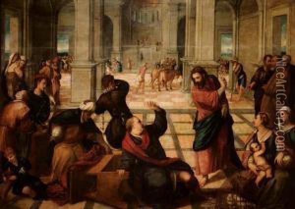 Gesu Scaccia I Mercanti Daltempio Oil Painting - Palma Vecchio (Jacopo Negretti)