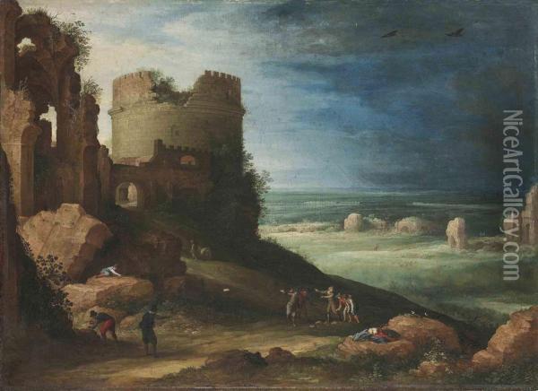 Capriccio Of The Via Appia 
Antica, Near Rome, With The Tomb Ofcecilia Metella And The Claudian 
Aqueduct Oil Painting - Paul Bril