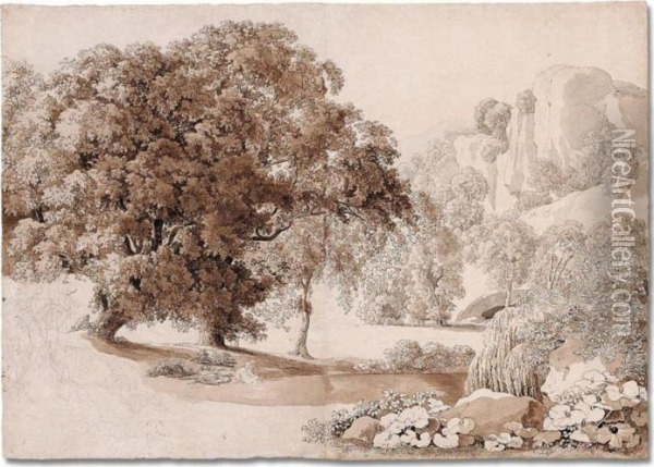 Landscape With A Satyr Spying On A Bathing Nymph Oil Painting - Johann Christian Reinhart