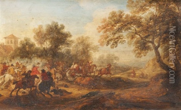 Escarmouche De Cavalerie Et La Fuite Du Cavalier (pair) Oil Painting - Adam Frans van der Meulen