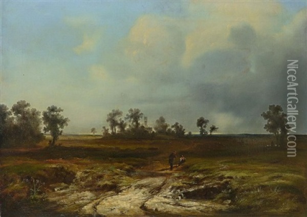 Weite Landschaft Mit Rastendem Bauernpaar Und Schafer Oil Painting - Adolf Heinrich Lier