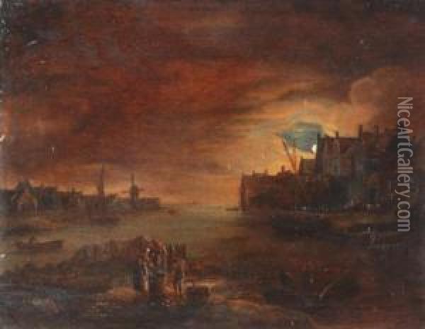 Moonlit Scene Of Dutch Harbour Oil Painting - Johannes Van Der Neer