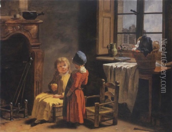 Les Enfants De L'artiste Conversant Pres D'une Cheminee Oil Painting - Martin Droelling