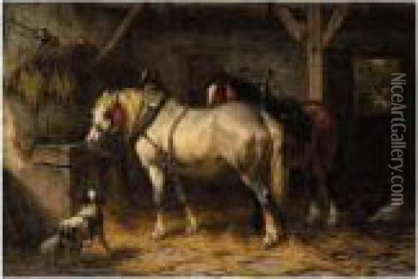 Horses In A Stable Oil Painting - Willem Jacobus Boogaard