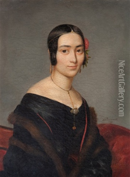 Portrait De Jeune Fille A La Fleur Rouge Oil Painting - Pierre Bonirote