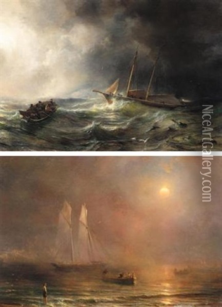 The Schooner "claymore" In A Storm (+ The Schooner "claymore" On Calm Seas; 2 Works) Oil Painting - Baron Jean Antoine Theodore Gudin