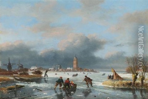 Figures Skating On A Frozen River Oil Painting - Nicolaas Johannes Roosenboom