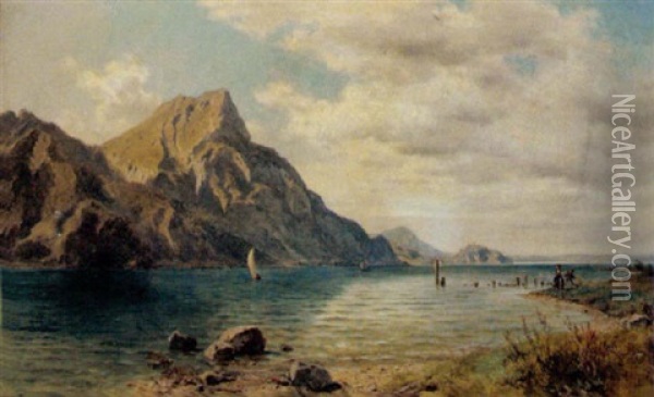 Der Sonnstein Am Gmundner See Oil Painting - Ludwig Georg Eduard Halauska