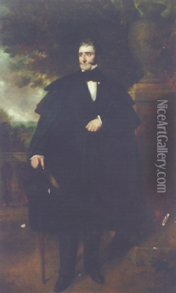 Portrait Of A Gentleman, (member Of The Fortescue Family?), In A Black Suit And Cloak, Holding A Top Hat And Cane Oil Painting - Sir Francis Grant
