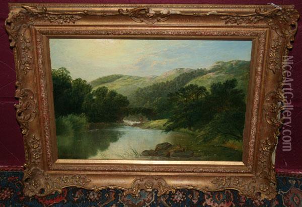 Fisherman On A Welsh River Oil Painting - Frederick William Hulme