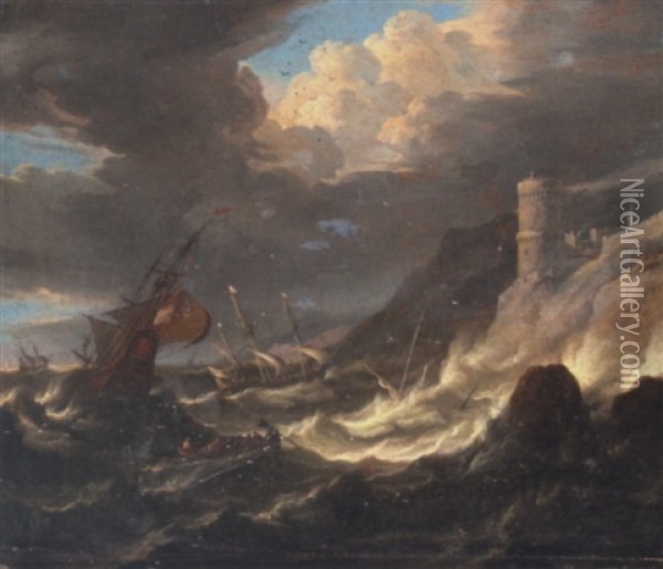 Shipping Off A Rocky Coast In A Storm Oil Painting - Pieter Mulier the Younger