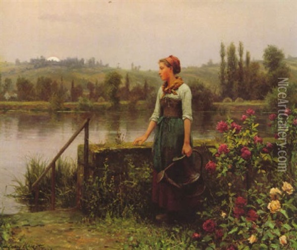 Woman With Watering Can Oil Painting - Daniel Ridgway Knight