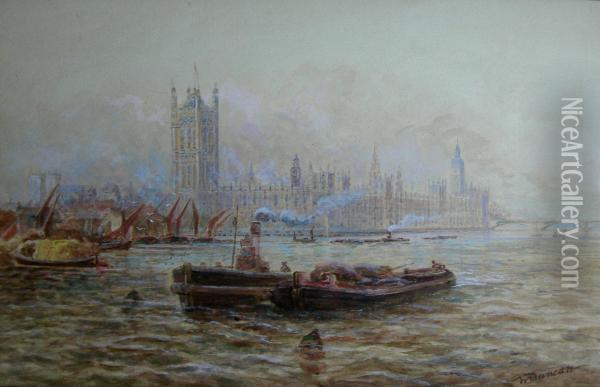 Barges On The Thames With The Houses Of Parliament Oil Painting - Walter Duncan