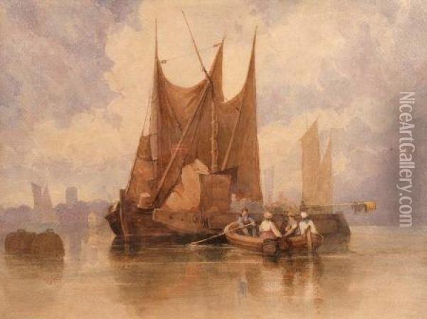 Coast Scenewith Figures In A Rowing Boat And Barges Oil Painting - Miles Edmund Cotman