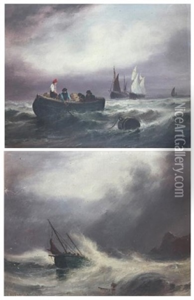 Fishing Boat In Rough Sea (+ Fishermen And Their Boats In A Calm; Pair) Oil Painting - Sarah Louise Kilpack