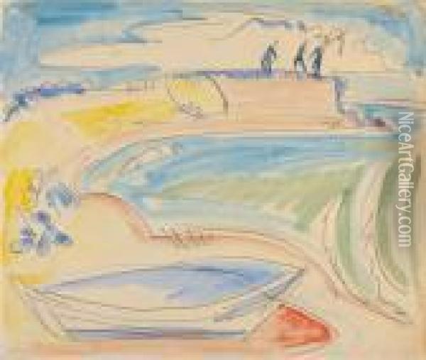 Boot Und Drei Figuren An Der Kuste Von Fehmarn Oil Painting - Ernst Ludwig Kirchner