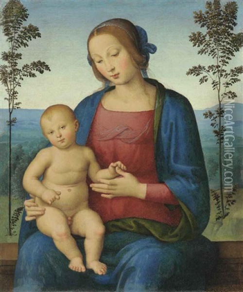 The Madonna And Child In A Landscape Oil Painting -  Spagna (Giovanni lo Spagnolo)