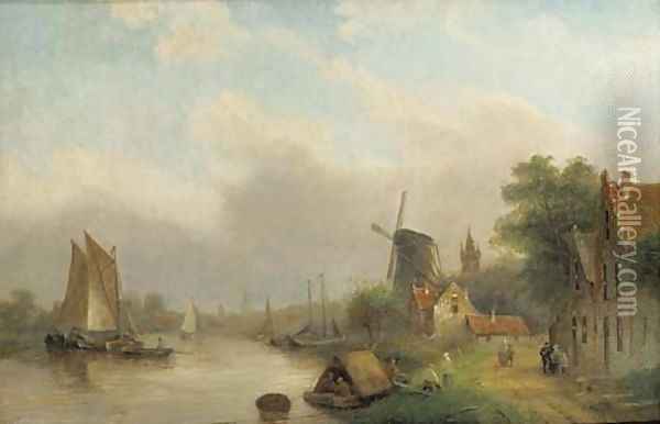 Shipping on a river by a village Oil Painting - Jan Jacob Coenraad Spohler