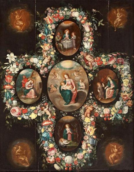 La Virgen Con El Nino, Con Escenas De La Vida De La Virgen Oil Painting - Cornelis de Baellieur
