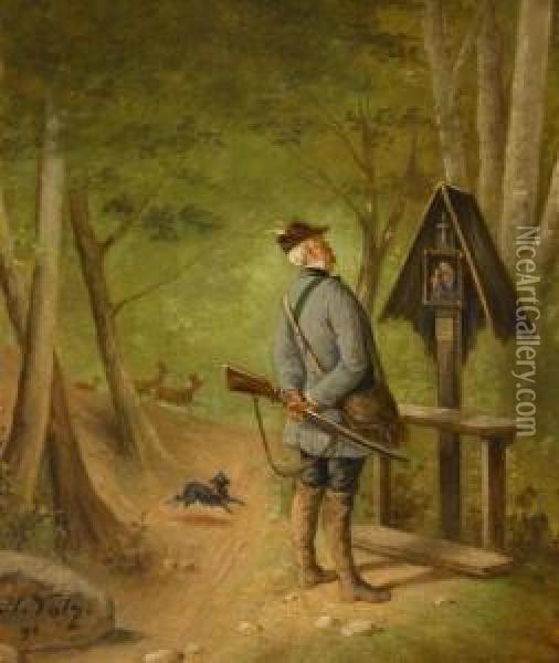 Hunter At A Wayside Shrine Oil Painting - Hermann Volz