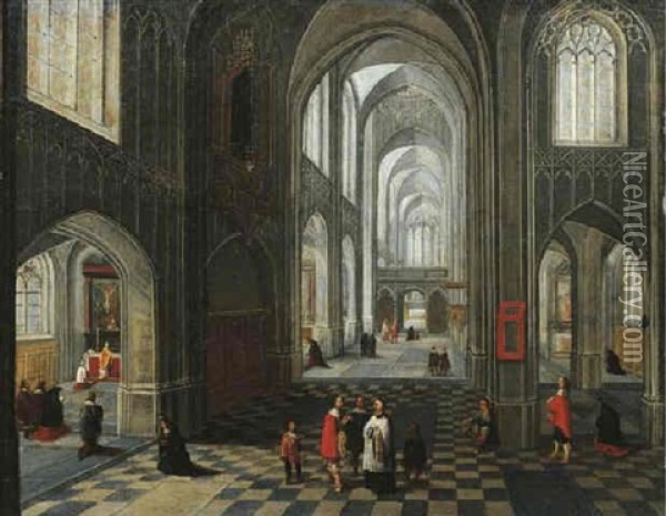 The Interior Of A Gothic Church Looking East, With Elegant Townsfolk And A Priest Conversing In The Aisle Oil Painting - Peeter Neeffs the Younger