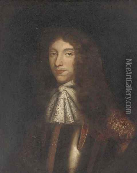 Portrait of William Ffarington, bust-length, in a lace jabot and armour, feigned oval Oil Painting - English School