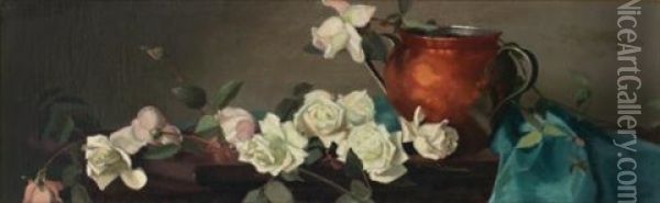 Still Life With Copper Pot And Roses Oil Painting - Mary Augusta Hiester Reid