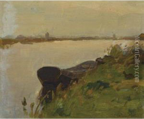 A Moored Boat In A Polder Landscape Oil Painting - Jan Weissenbruch