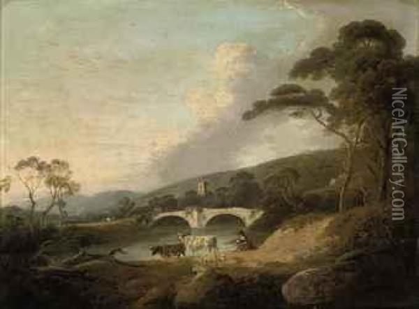 A Drover With Cattle And Sheep In A River Landscape Oil Painting - Julius Caesar Ibbetson