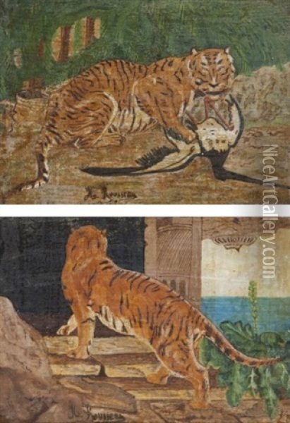 Tigre Au Temple Et Tigre Attaquant Un Ibis (2 Works) Oil Painting - Henri Rousseau