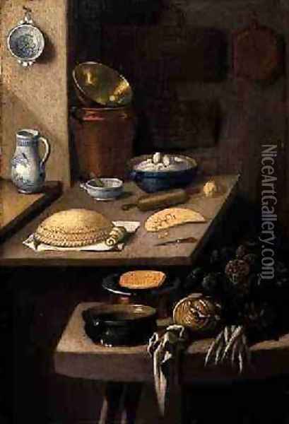 Kitchen Still Life of Vegetables and Preparations for Baking a Cake Oil Painting - E. K. Lautter