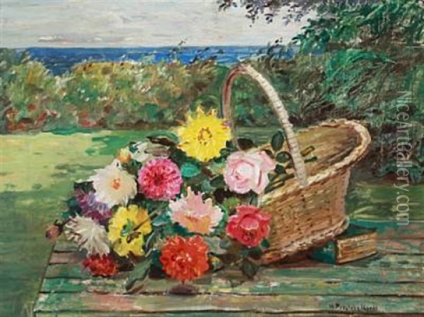 Still Life With Flowers In A Basket Oil Painting - Matthias M. Peschcke-Koedt