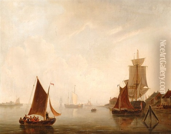 Sailing Ships By A River Mouth Oil Painting - Pier Johannes de Visser