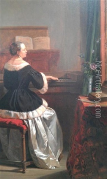 Femme Au Clavecin Dans Un Interieur Oil Painting - Hubertus van Hove