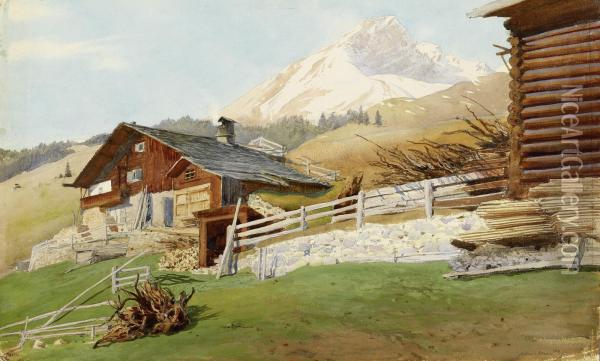 Mountain Landscape With Farmhouse(davos) Oil Painting - Albert Nikolaivich Benua