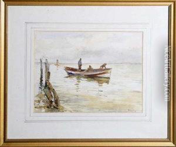 Three Fishermen In A Coble Oil Painting - Robert Jobling
