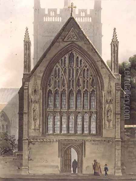 Exterior of Merton College, facing the north window of the Ante chapel, illustration from the 'History of Oxford', engraved by I. Sutherland, pub. by R. Ackermann, 1813 Oil Painting - Augustus Charles Pugin