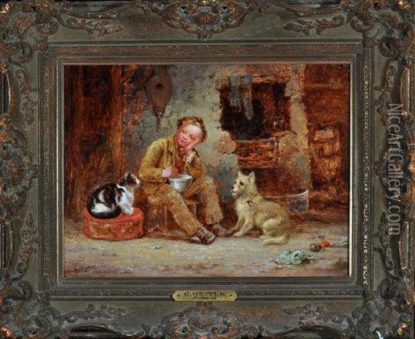 A Boy Seated At A Fireside Accompanied By His Cat And His Dog Oil Painting - George Hepper