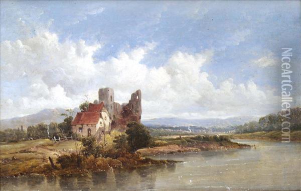 A Cottage Anda Ruined Castle On The Banks Of A River Oil Painting - A.H. Vickers