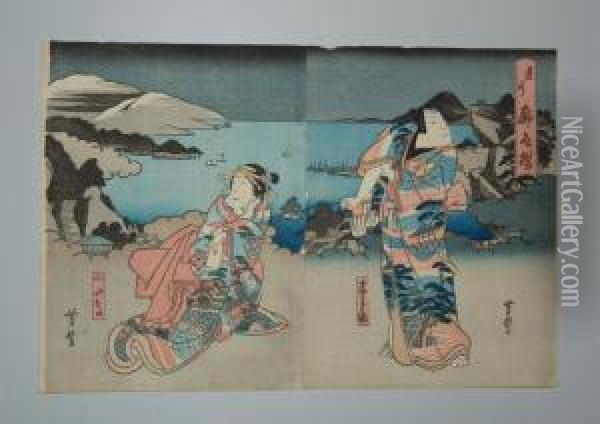Un Couple Avec La Mer Au Fond Oil Painting - Utagawa Yoshitoyo