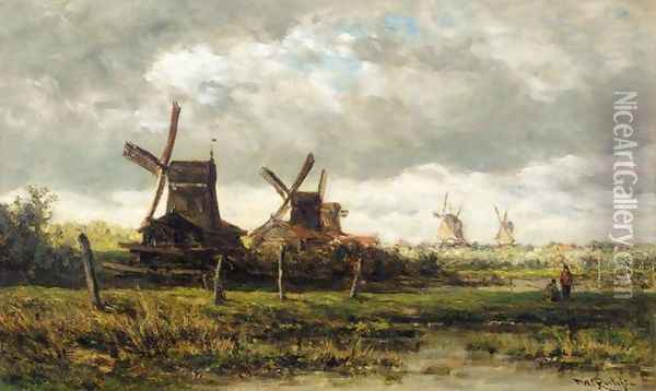 Landscape with Windmills and Two Figures Oil Painting - Willem Roelofs