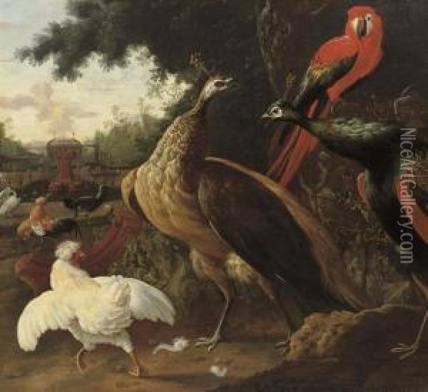 A Parrot, Peacocks, Hens And Other Birds In A Park Landscape Oil Painting - Willem Van Royen
