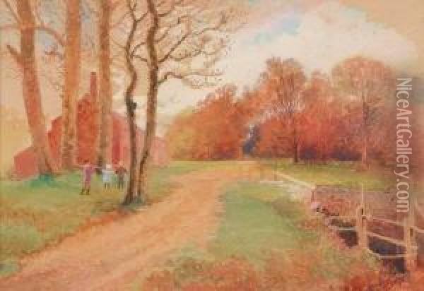 Autumn Scene With Children,
 Signed Lower Right Oil Painting - H. Winthrop Peirce
