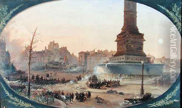 View of the Place de la Bastille and the Barricade at Faubourg Saint-Antoine, 25th June 1848, 1848-60 Oil Painting - Jean-Jacques Champin