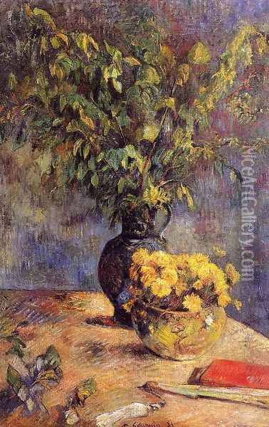Two Vases Of Flowers And A Fan Oil Painting - Paul Gauguin