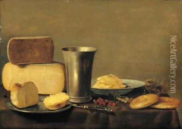 A Still Life Of Cheese, A Silver Beaker, Bread On A Pewter Dish, Butter In A Blue-And-White Bowl, Together With Red- And White-Currants, A Knife And Biscuits On A Table Draped With A Green Cloth Oil Painting - Floris Gerritsz. van Schooten